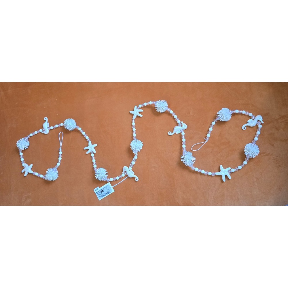 New 6ft Coastal Beaded Garland Iridescent Seahorse Starfish Sea Urchin White